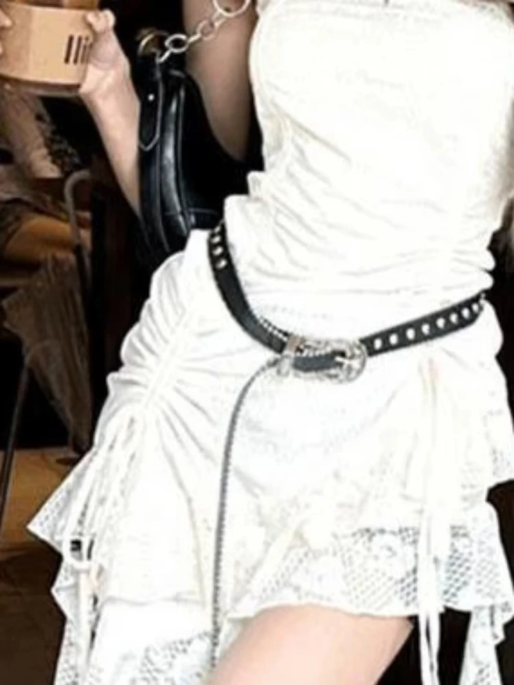 Irregular Ruffled Strapless Women Grunge Dresses Y2k Aesthetic Pleated Flower Sweet Dress Backless Slim Harajuku Belt Vestidos