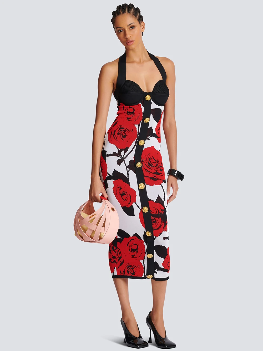 فستان Modphy 2025 النسائي الضيق من قماش الجاكار مثير بدون أكمام مع رسن بدون ظهر مطبوع عليه وردة فستان ميدي فيستدوس