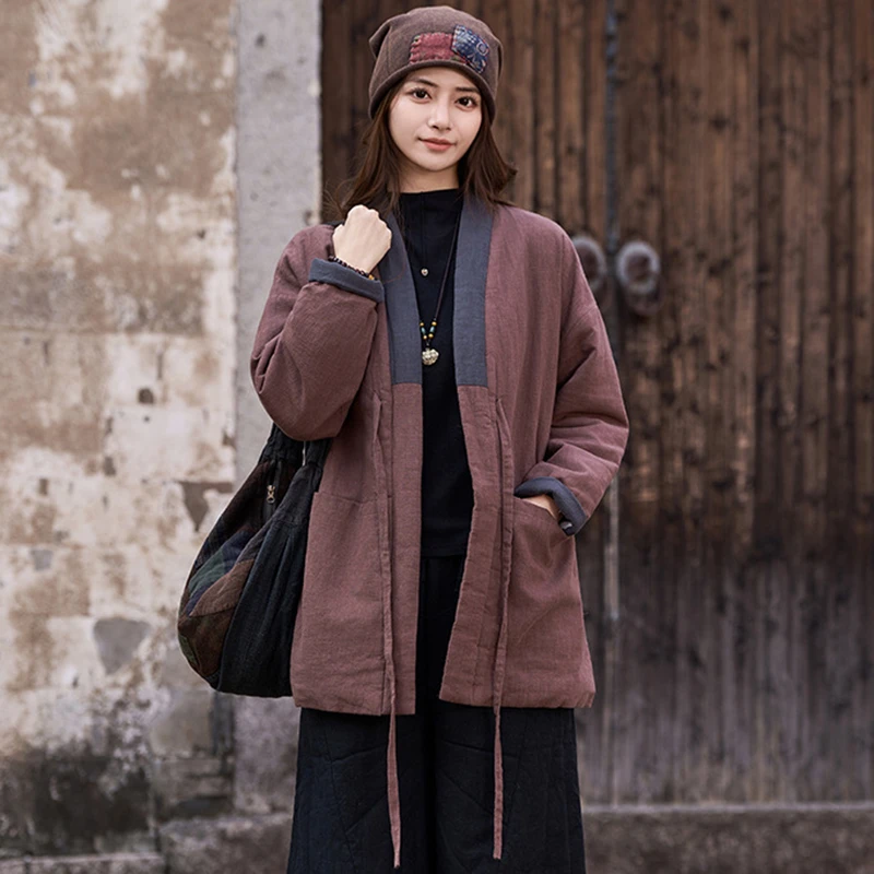 

Women Cotton Linen Casual Coats New Arrival 2025 Autumn Chinese Style Vintage Solid Color Loose Female Thick Warm Jackets M2164
