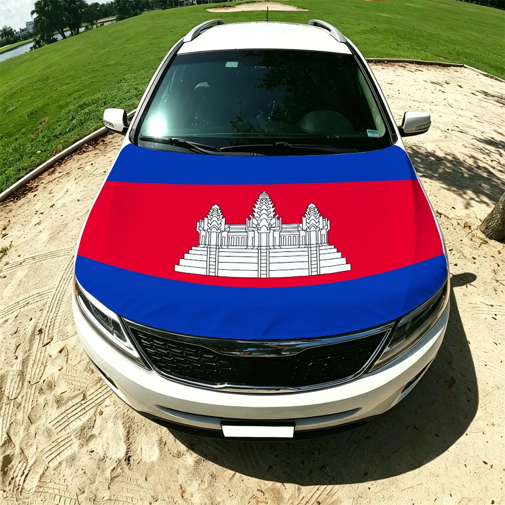 130x160cm Cambodia Flag Car Hood Cover, Elastic Windproof Patriotic Bonnet Banner