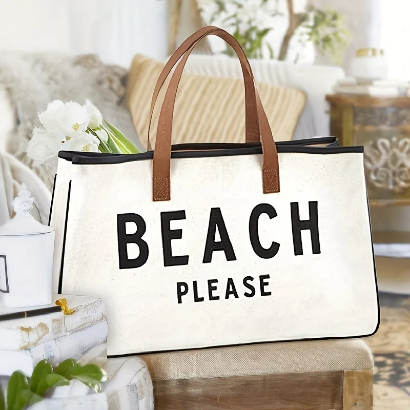 Canvas Bag, Tote Bag For Women Or Men, Large Capacity Summer Beach Bag, Simple Letter Printed Handbags, Shopping Bag