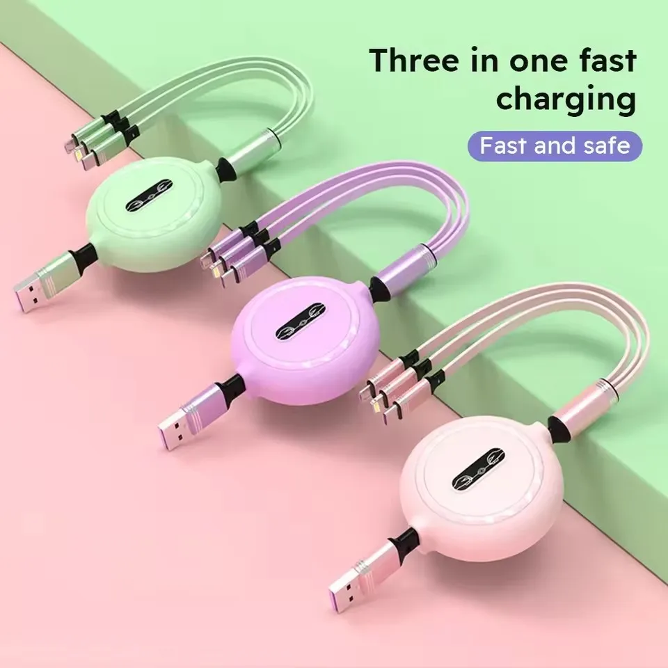 

Retractable 3 in 1 USB Cable for iPhone & Micro USB & Type Cable Fast Charging Portable Cable Lighting USB for Xiaomi Samsung