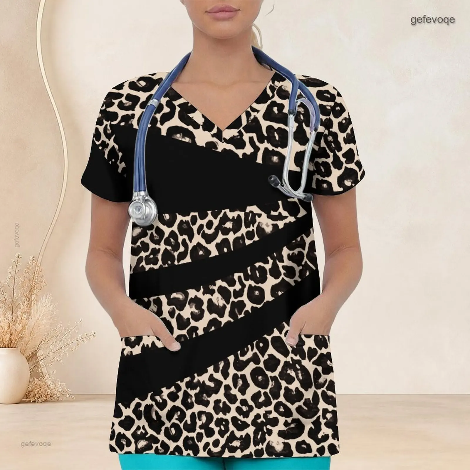 Women Leopard Print Black Diagonal Stripe V Neck Short Sleeve Scrub Top with Front Pockets