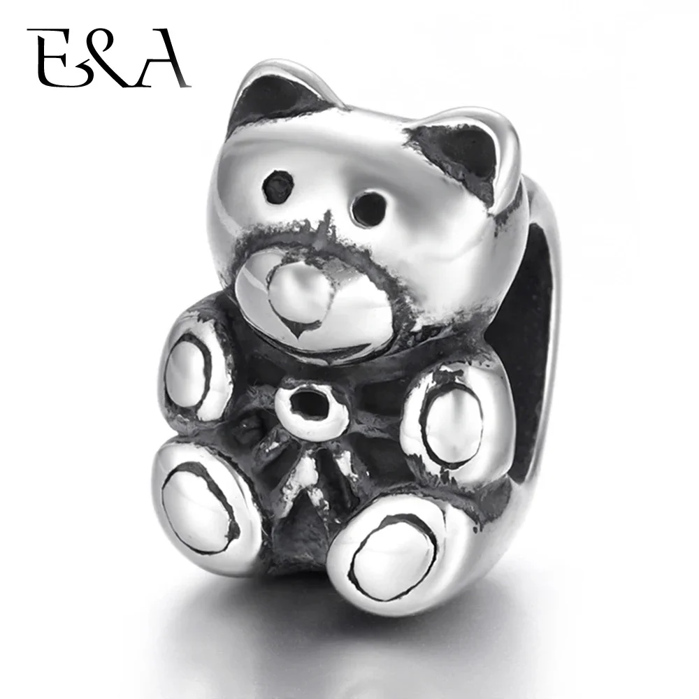 Stainless Steel Beads Bear 8mm Large Hole Bead Slider Blacken Animal Charm for Leather Bracelet Jewelry Making DIY Supplies