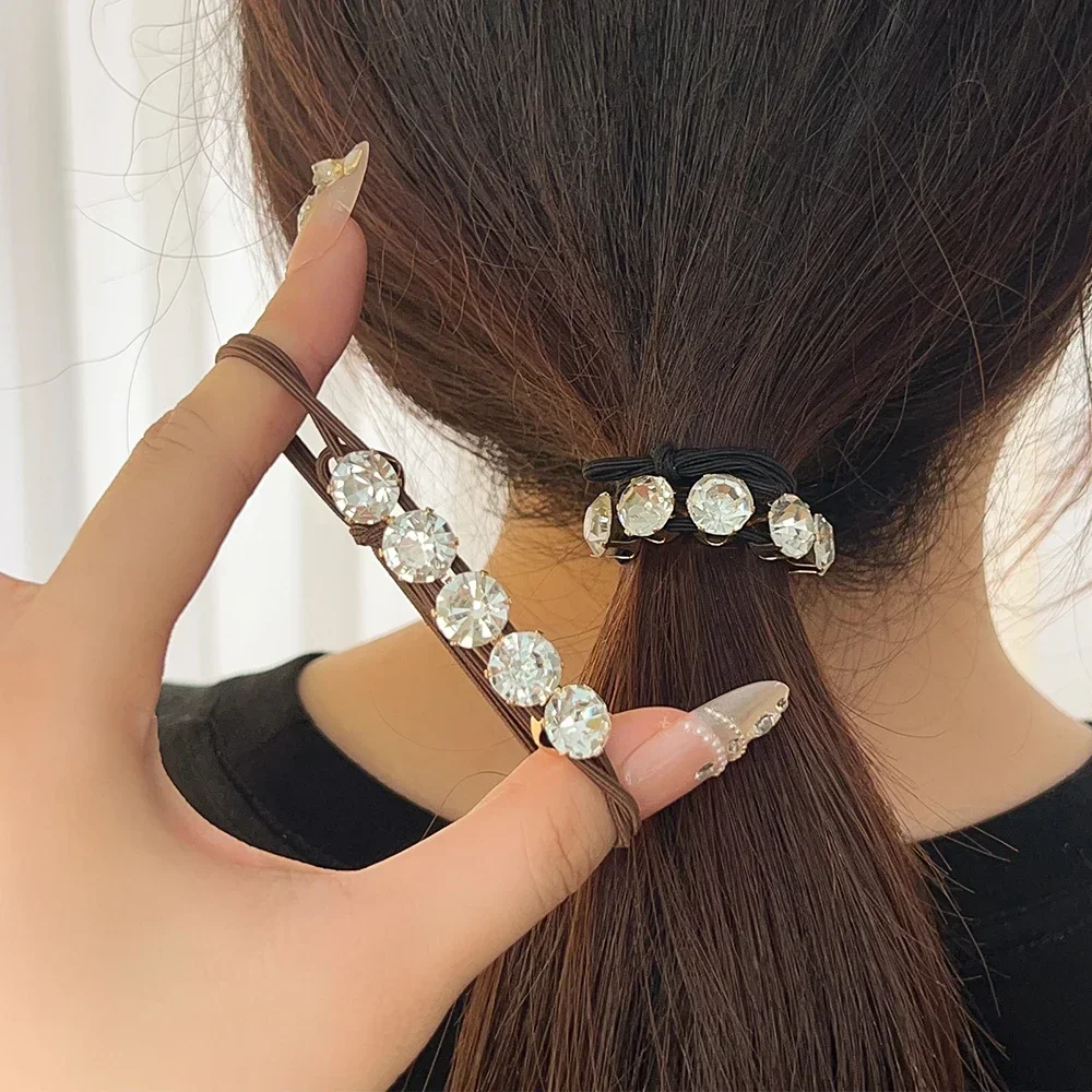 1-20PCS Women Diamonds Black Shiny Rhinestone Seamless Rubber Band Elastic Hair Rope 2024 New Fashion Hot Sale Hair Accessories image 5