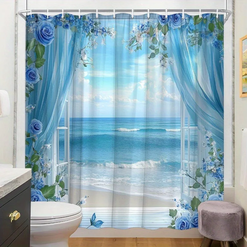 

Занавеска для душа с романтическим пляжным пейзажем, моющаяся грязеотталкивающая насадка для душа, водонепроницаемая полиэстеровая занавеска для ванны для домашнего декора
