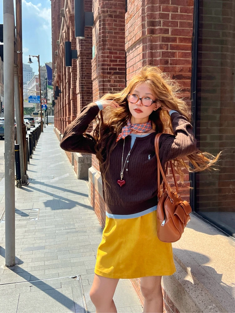 

NIIDAILY Long Sve Knitted Sweater Embroidered Sle Color Blo Design Fake Two-Piece Wool Blend Spring Autumn Winter