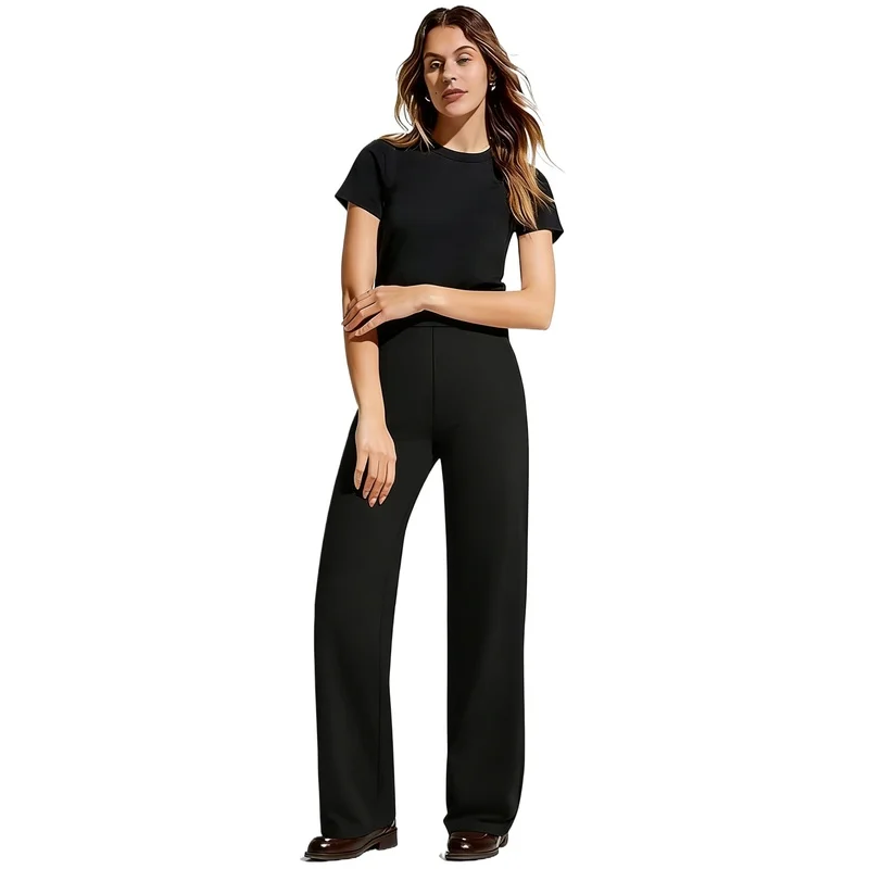 

2026 Plus Size Women Long Wide Leg Trousers Elastic Waist Pocket