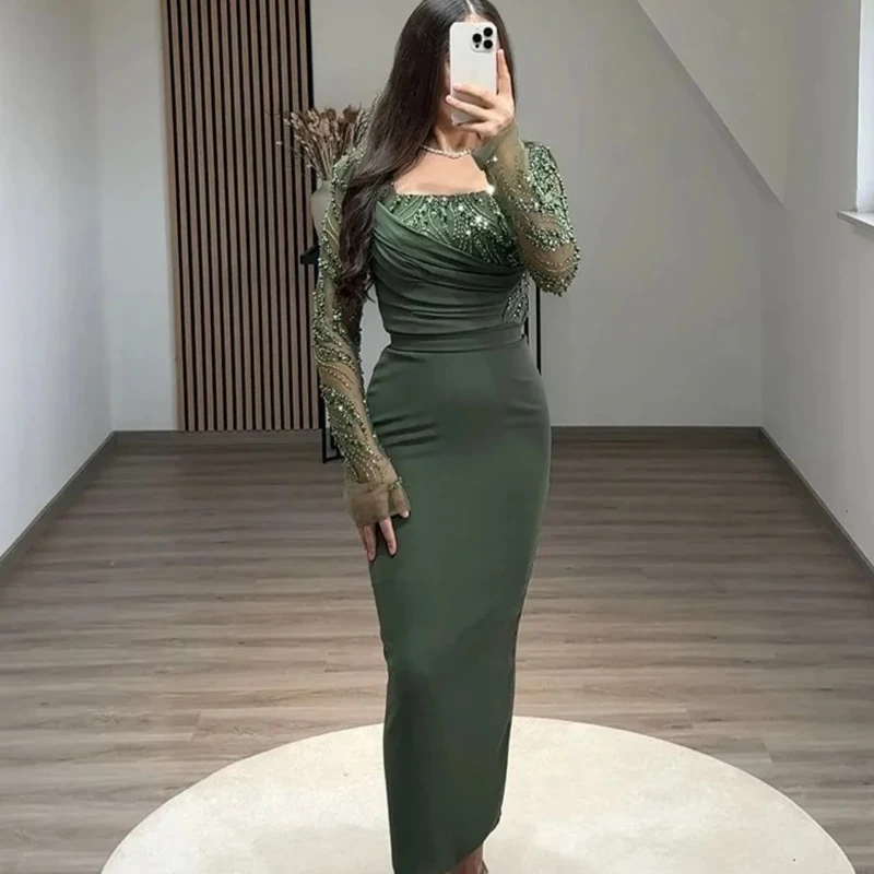 Evening Dresses Long Sleeves Square Neck Beading Pearls Ankle Length Prom Gowns High Quality Party Dress for Women Customized image 5