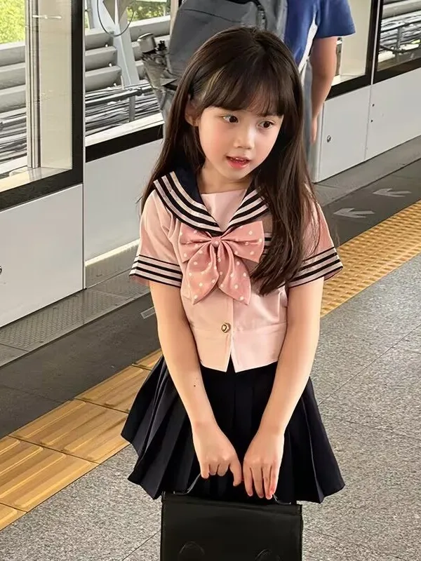 

Cute Girls' Navy Collar JK orm ort Sve Pleated Skirt Set with Bow Tie Spring Summer Children's Faion College Sle...