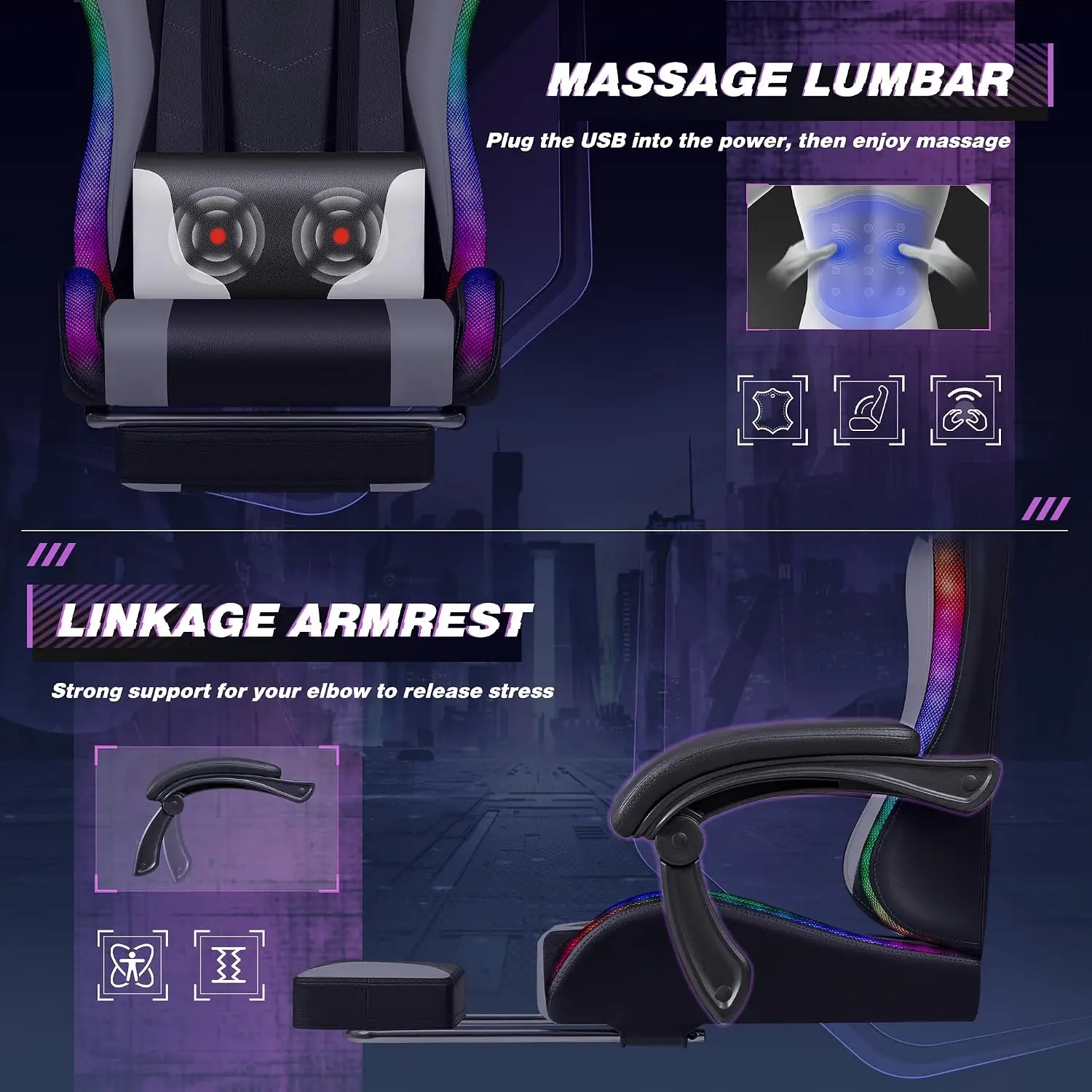 Homall Gaming Chair, Ergonomic PC Chair, Massage Lumbar Support, RGB Lvory - view 5