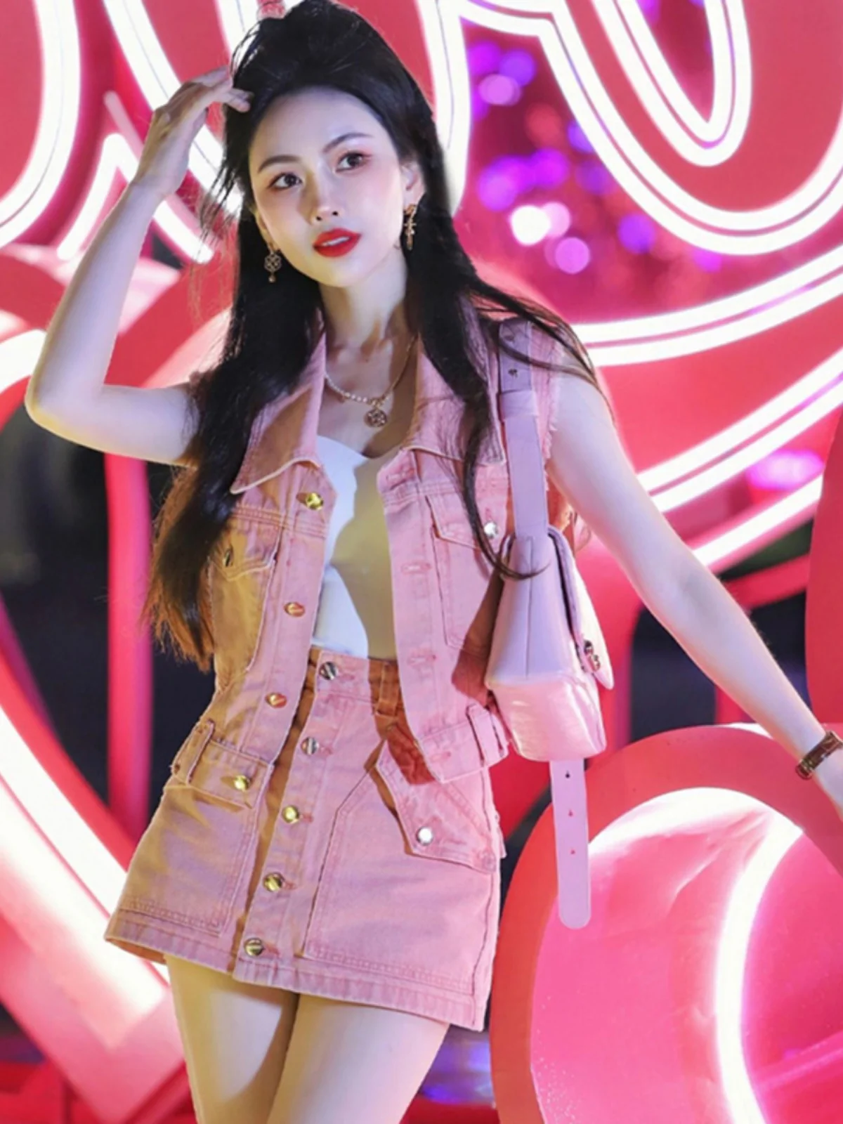 

Pink Denim Jacket And Short Skirt Two-Piece Set Summer Fashion Street Style European Goods Unique And Popular Online