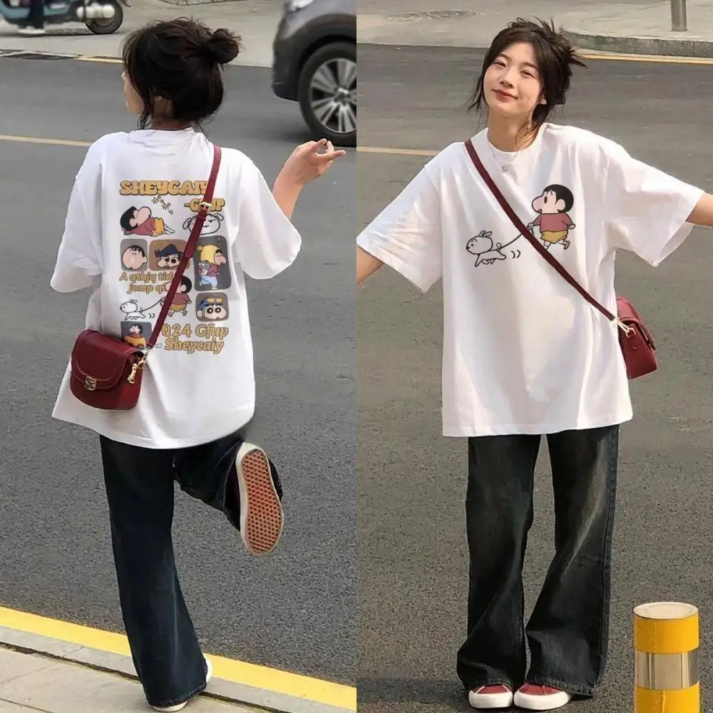 Japanese Anime Crayon Shin-Chan T-Shirt Women Cotton Short Sleeves Y2K Girls Loose Casual Couple Tops Streetwear Summer Clothes