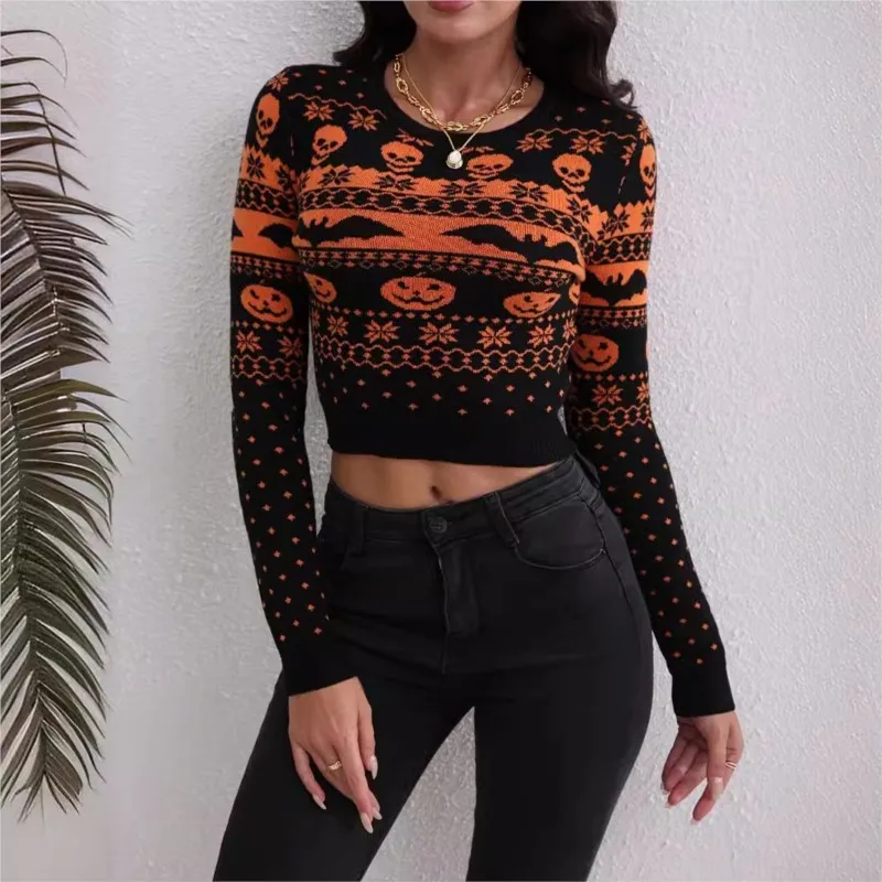 

Halloween Knitted Sweater Women's Autumn Winter Round Neck Jacquard Sexy Fashionable Temperament Elegant Knitted Pullover