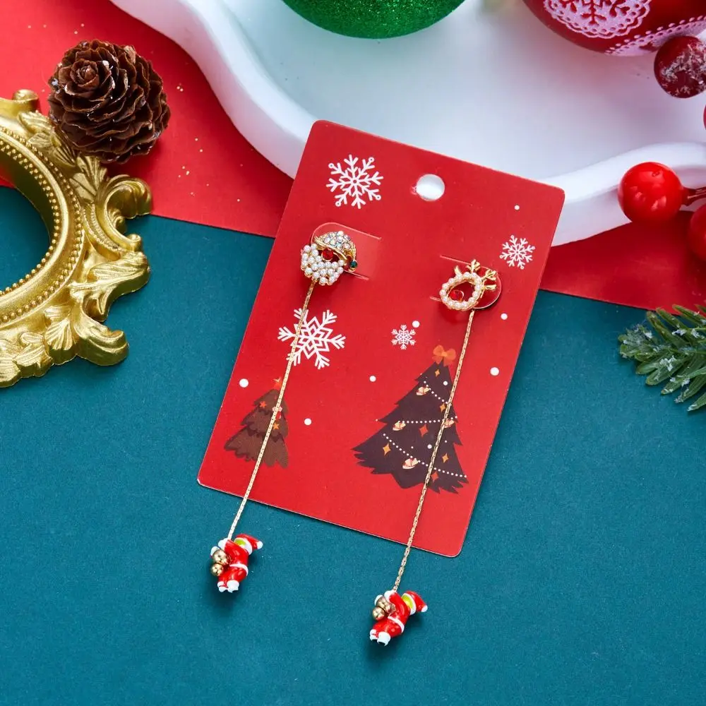 Rhinestone Christmas Earrings Long Tassel Xmas Drop Dangle Stud Snowflake Bell Moving Santa Claus Dangle Earrings Christmas