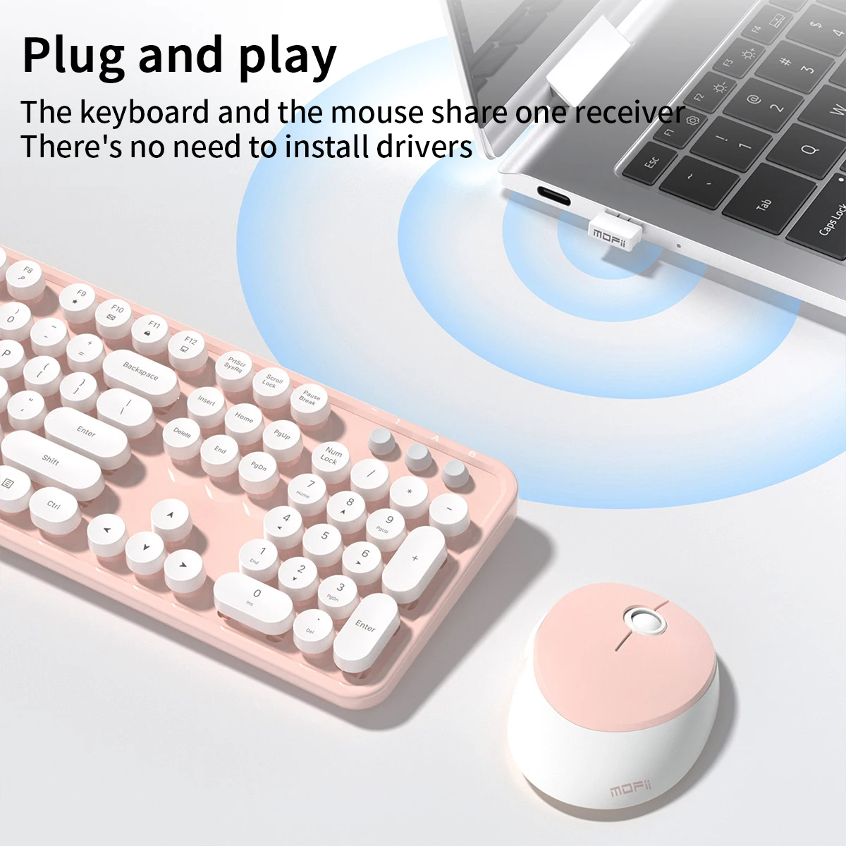 MOFii 1 Set Sweet Wireless Keyboard and Mouse Combo, White & Pink Retro Round Keycaps, Cute Design for Girls,, US QWERTY Layout