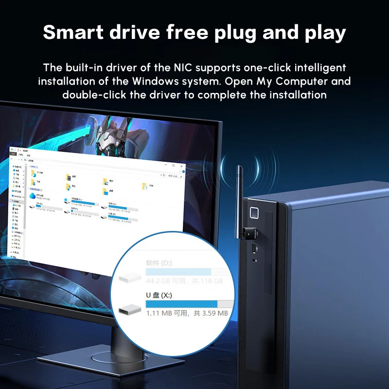 Adaptador WiFi UGREEN USB-A para PC de escritorio, adaptador AX300 USB WiFi 6, antena de alta ganancia 3dBi, controlador incorporado para Win 11/10/7