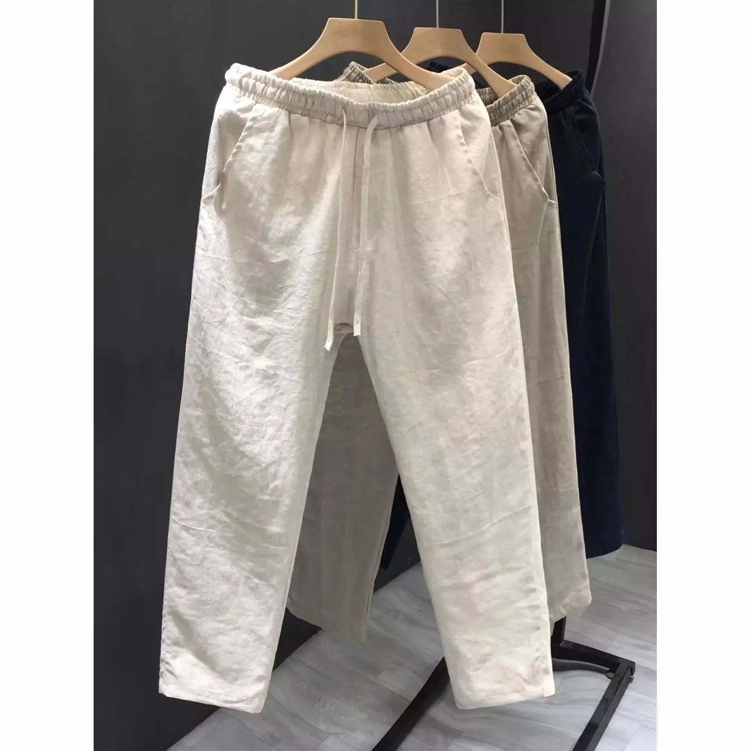 

Men's Linen Pants Summer Thin Breathable Cotton Linen Casual Straight Leg Loose Fit Nine Point Pants High Waist Straight Tube