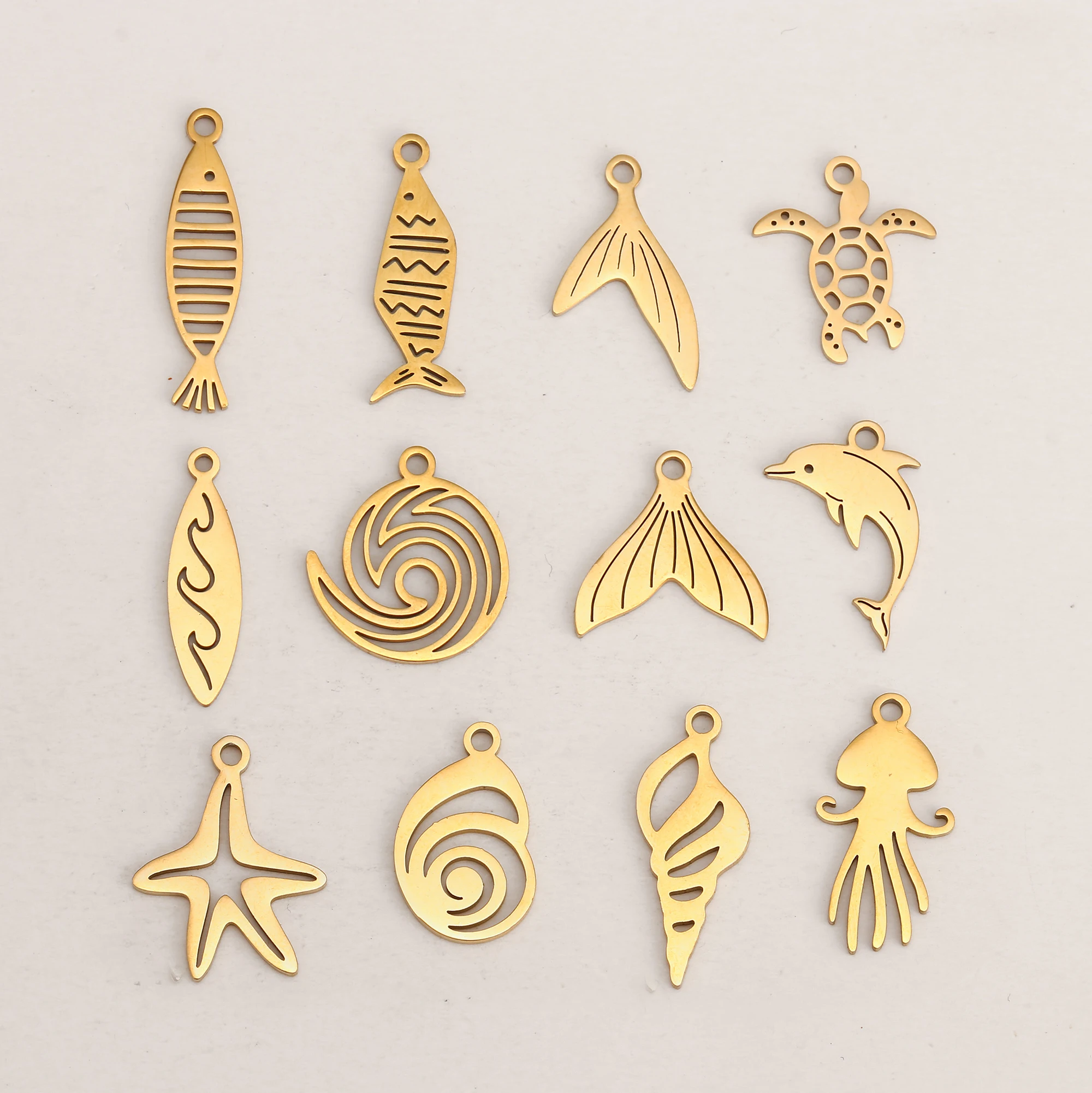 5Pcs Ocean Fish/Whirlpool Wave/Fish Tail Charm Stainless Steel Marine Life Necklace Bracelet Pendant Handmade DIY Jewelry Making