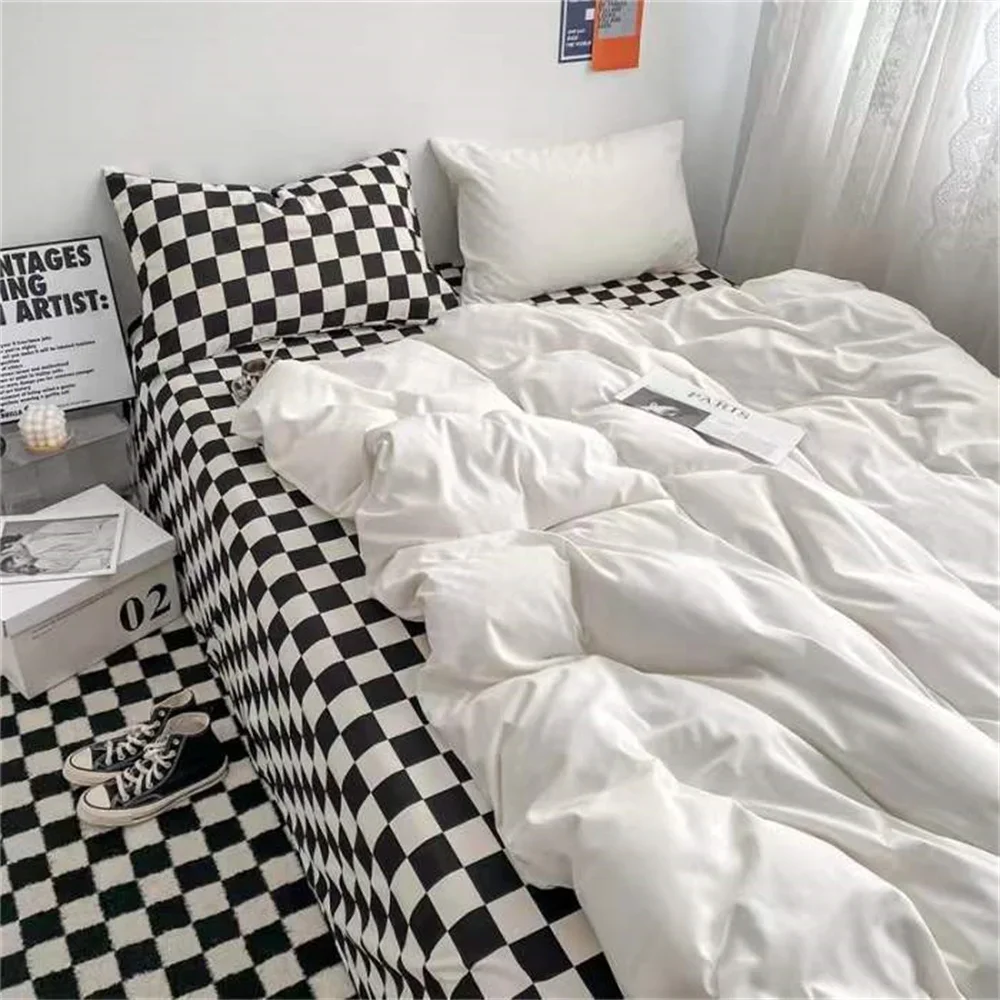 Checkerboard Bedding Set  Filler White Black Duvet Cover Pillowcase Flat Sheet Single Queen Size Washed Cotton Boys Bedclothes