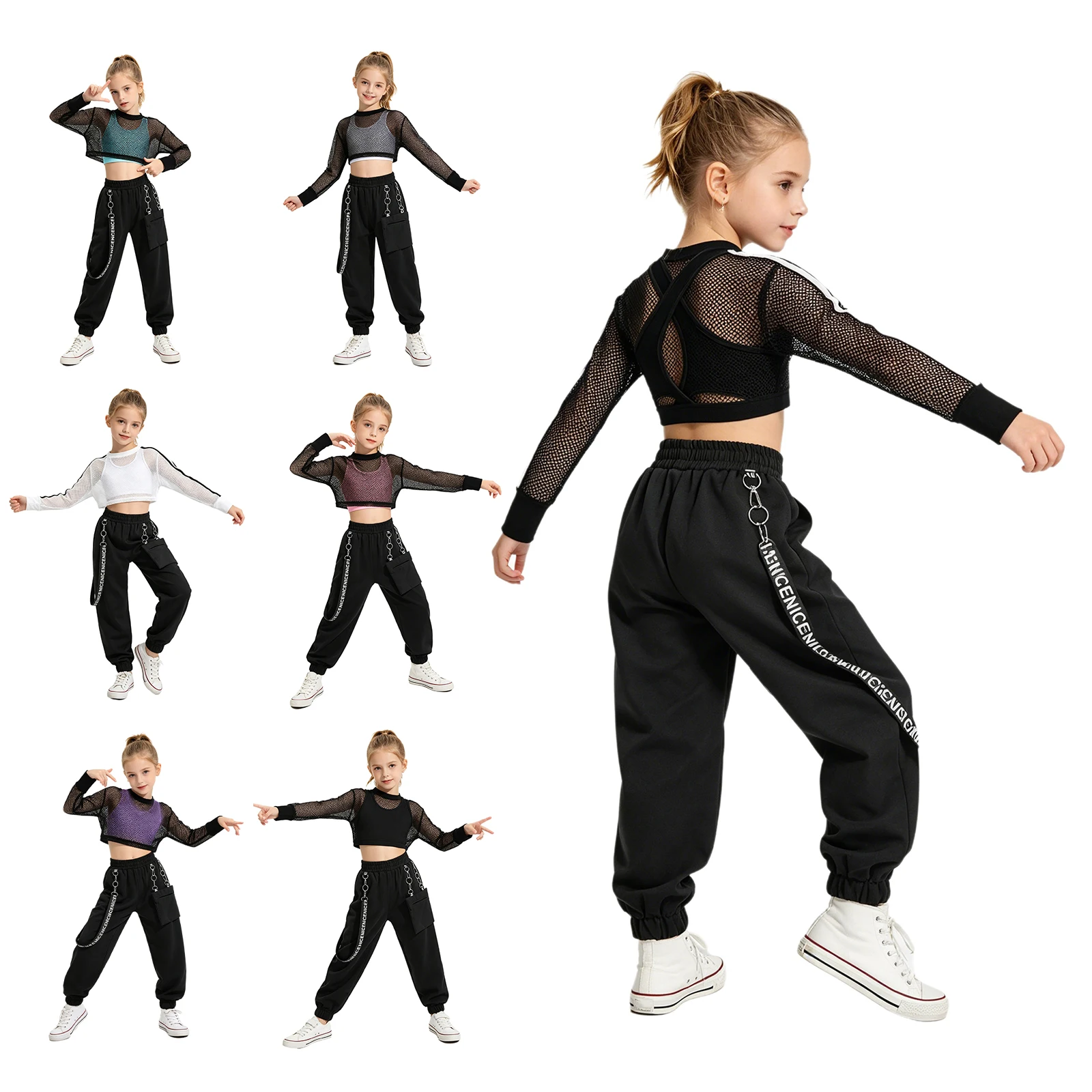 Kinder Mädchen Hip-Hop Jazz Tanz Performance Outfits: Rückenfreies Top mit Cargo-Hose und Mesh Langarm Crop Top Tanzkleidung – Detail 2