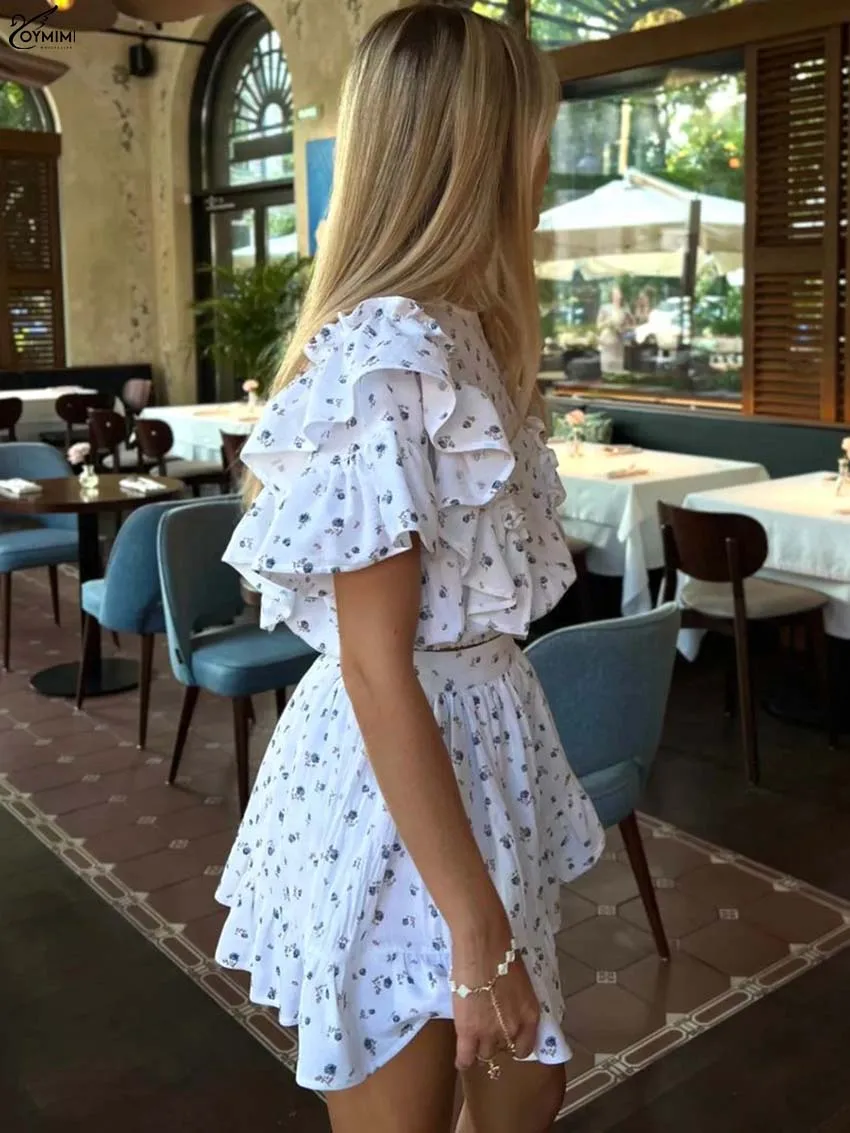 Oymimi Set da 3 pezzi con stampa bianca alla moda per donna Top corto casual a maniche corte con volant o-collo + pantaloncini e gonne con lacci