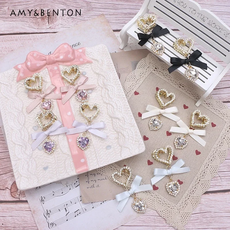 Handmade Japanese Sweet Mine Mass-Produced Bow Hair Clips Heavy Industry Rhinestone Love Beaded Pendant Lolita Hair Accessories