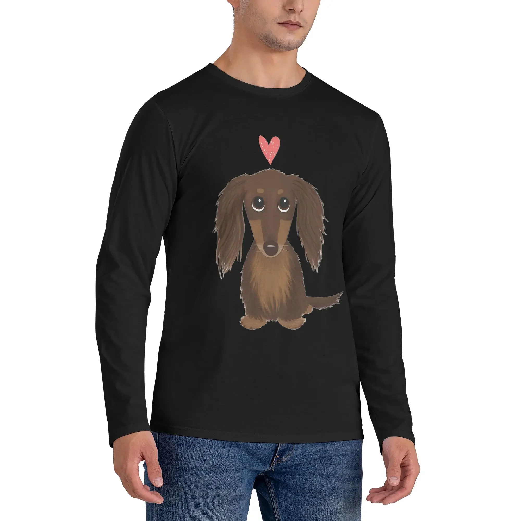 

Cute Dog Longhaired Chocolate Dachshund Men's Long Sleeved T-shirt Fashion Round Neck T shirts Spring and Autumn Men tops