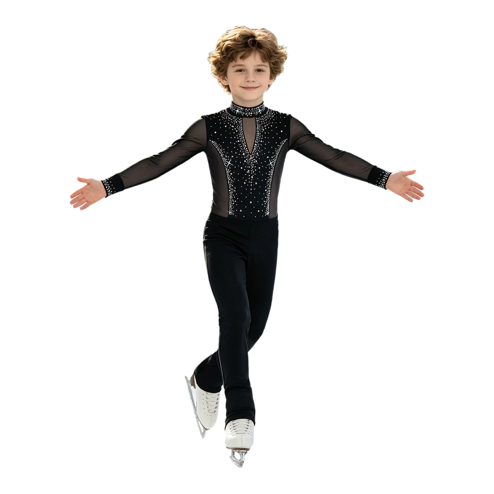 Children Boys Long Sleeve Shiny Rhinestone Sheer Mesh Figure Skating Gymnastics Acrobatics Ballet Latin Dance Leotard Dancewear