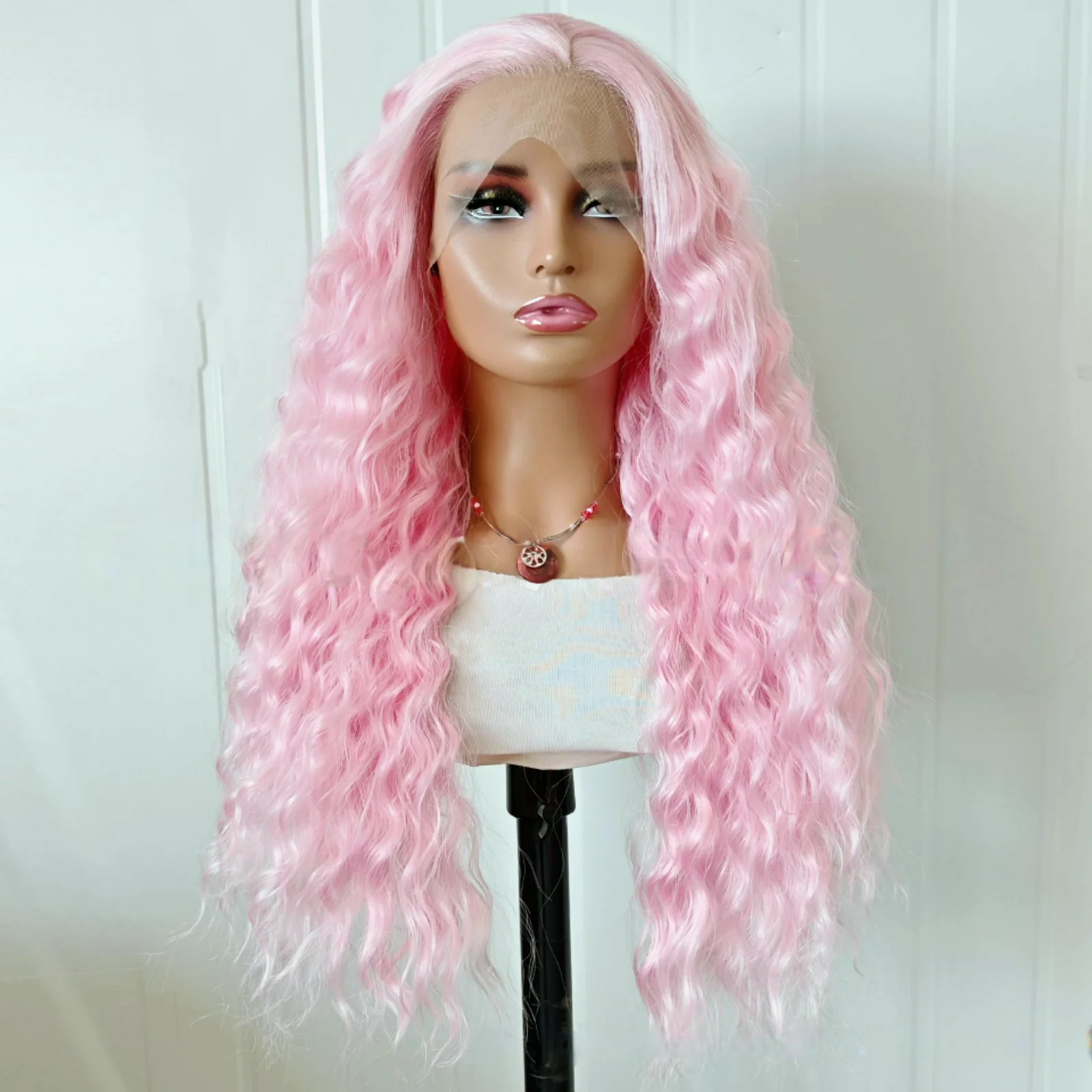 Light Pink Wig Deep Curly Synthetic Lace Front Wig Glueless Frontal Pastel Long Pink Hair Lace Wigs for Women Party Cosplay