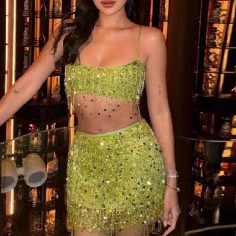 New Women Solid Sequin Tassel Skirt Suit Fashion Solid Sleeveless Sling Top Mini Skirts Suits Lady Summer Beach Casual Outfit
