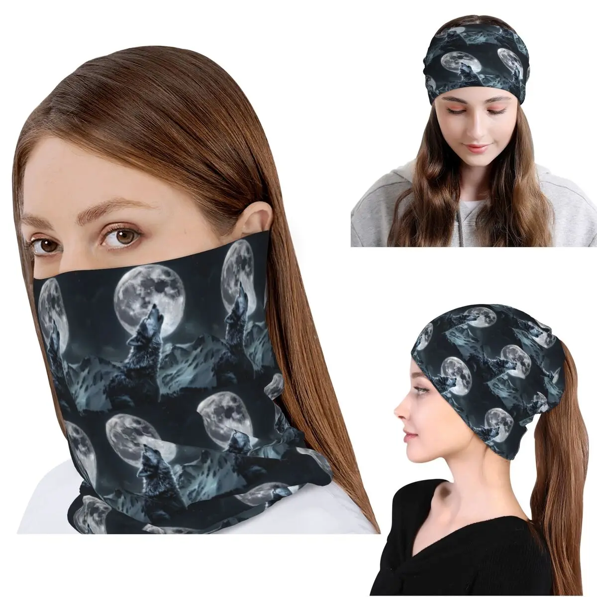 Howling Wolf Under The Moonlight Print Bandana Neck Cover Face Scarf Multifunction Balaclava Beanies Hat for Men Women Windproof