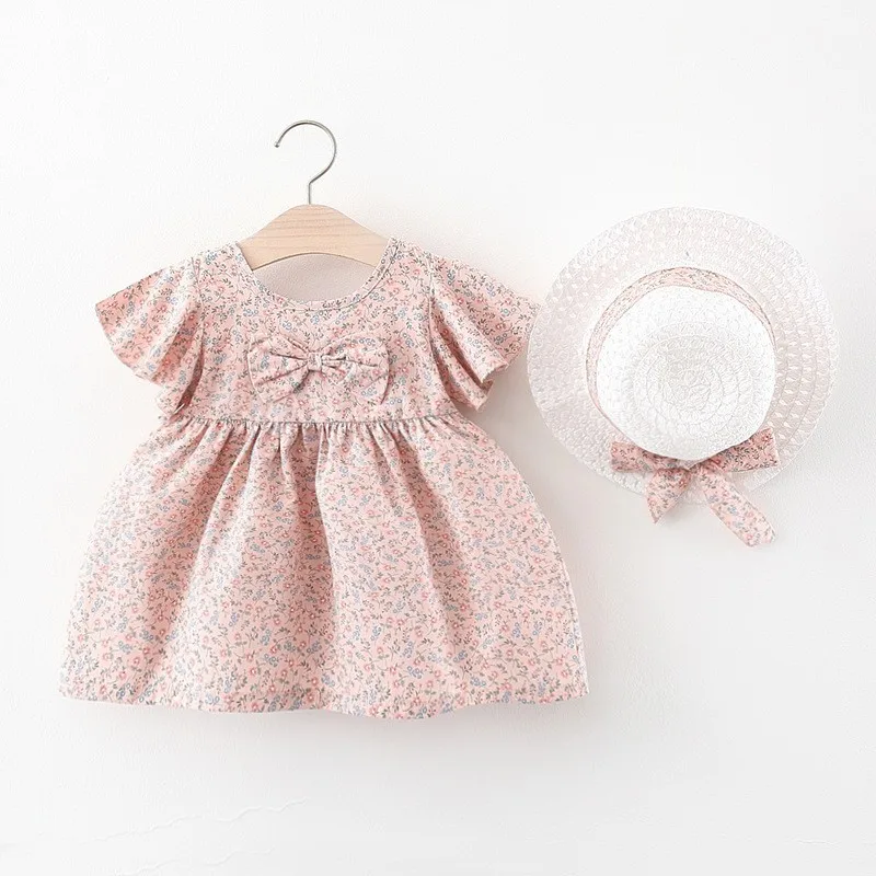 2Pcs/SetGirls Summer New Product Countryside Fragmented Flower Dress Princess Dress Children's Flying Sleeves Dress Gift Hat