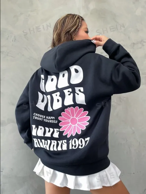 

Good Vibee Cotton Print Hoody Loose Daily Fashion Pullover Personality Creativity Sportswear Aesthetic Casual Woman Sweatwear