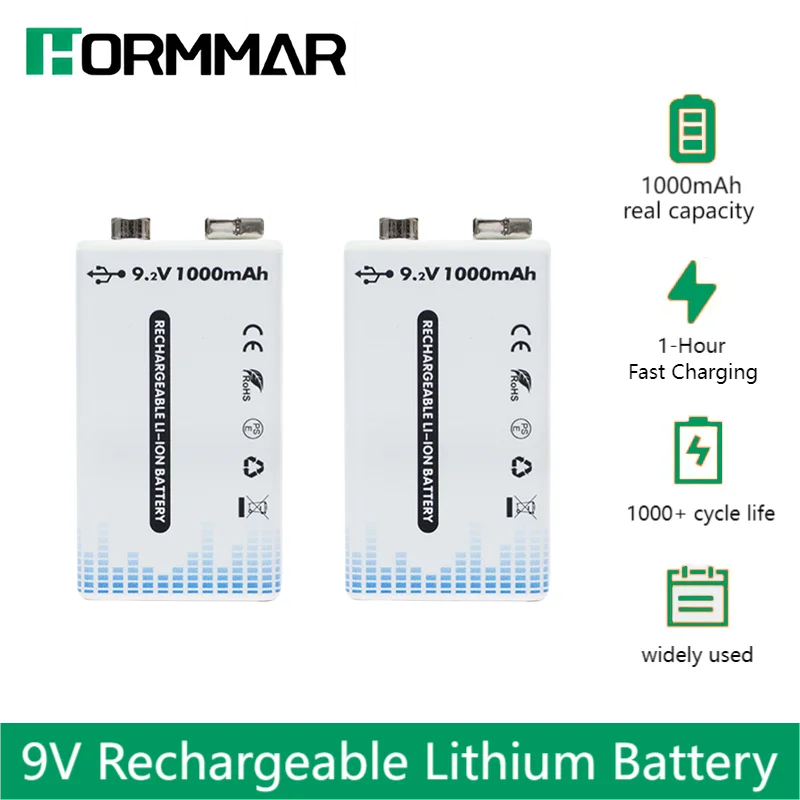 9V Rechargeable Lithium Battery 1000mAh 6F22 High Capacity USB Rechargeable Li-ion Battery for Multimeter Walkie Talkie Toy Car