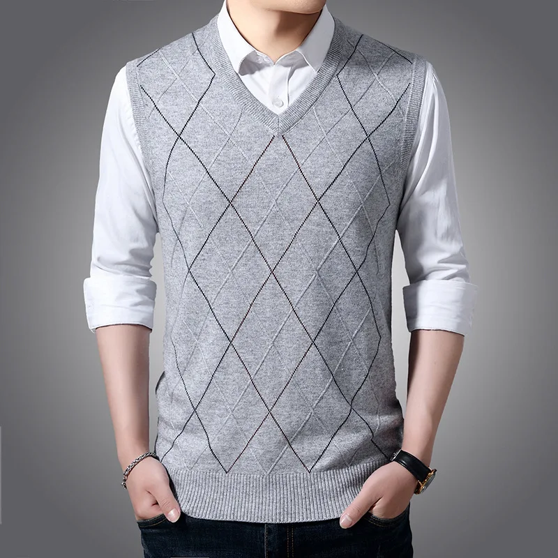 

Spring and Autumn Wool Vest Men's Sleeveless Sweater V-neck Knit Sweater Autumn and Winter Jacquard Cashmere Vest