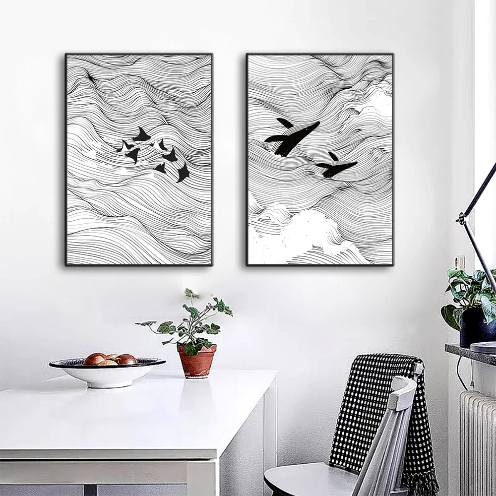 No Framed Printing Picture Waves Line Art Pictures Surfing Penguin Manta Dolphin Whale Prints Canvas Painting Home Living Room