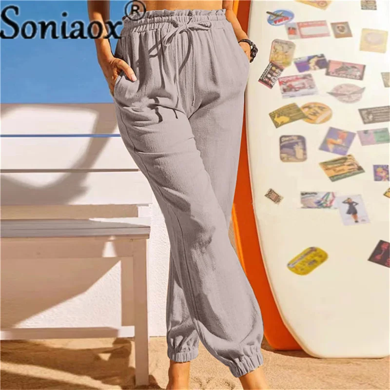 2022 New Women Casual Harajuku Spring Autumn Long Trousers Solid Color Elastic Waist Cotton Linen Pants Ankle Length Harem Pants