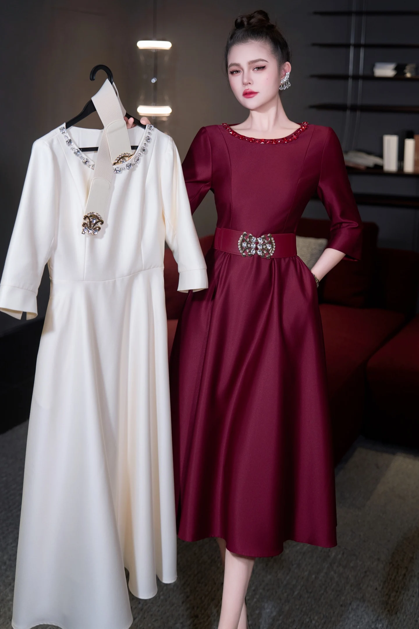 ZJYT 2026 Spring New Fashion Women Beading Dress Elegant Three Quarter Sleeve Solid White Midi Dresses Party Vestidos with Belt