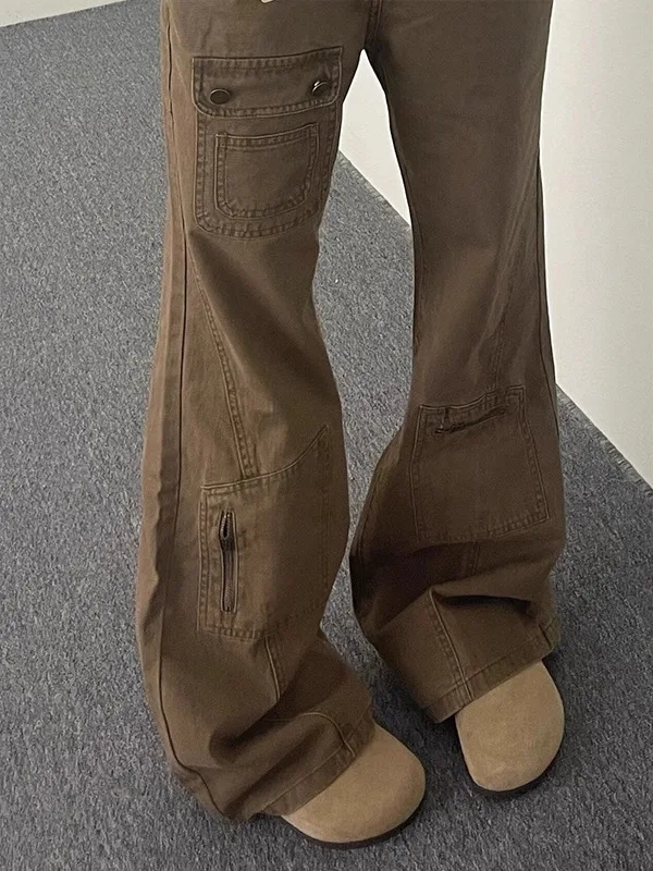 American High Street Khaki Workwear Jeans Women's Loose Wide Leg Pants Micro Flared Long Trousers Casual High Waist Jeans