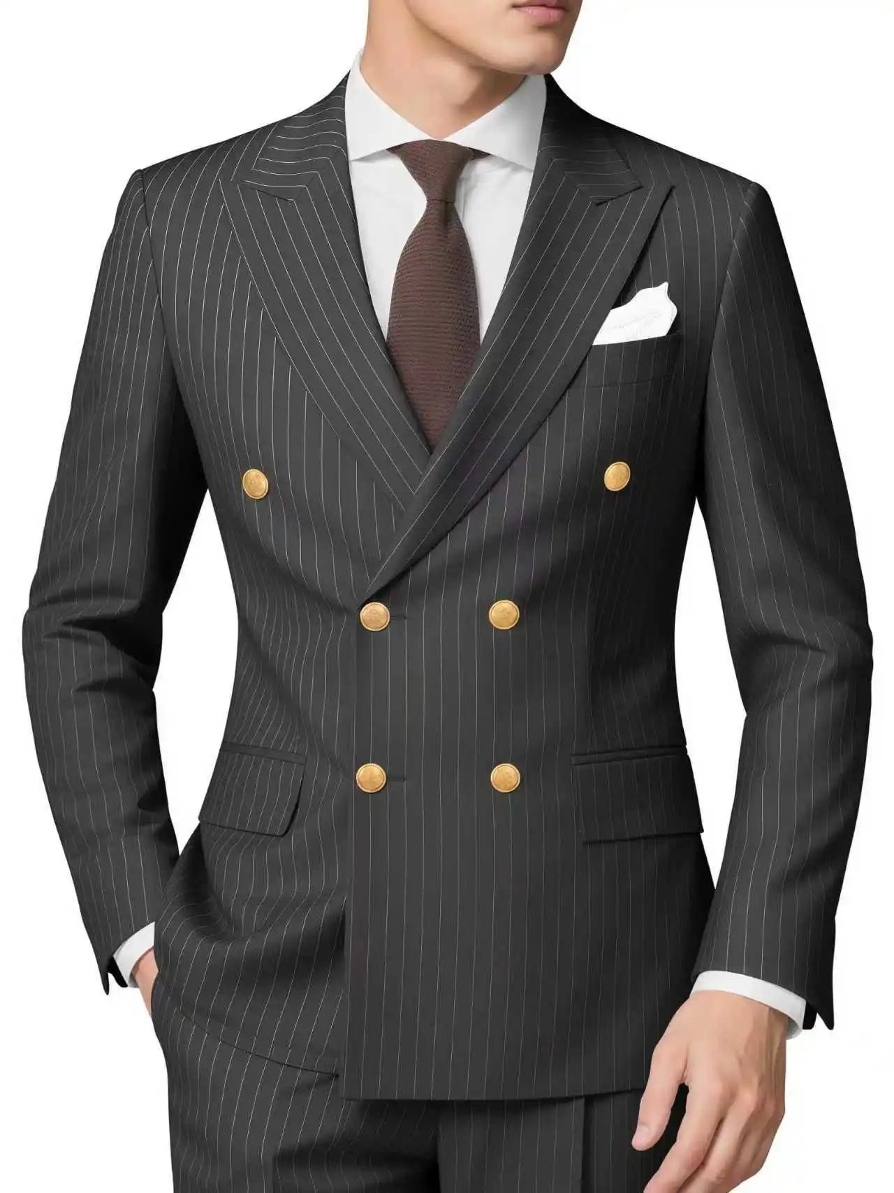 

Customized Men Formal Striped 3 Piece Suits Regular Fit Peak Lapel Tuxedo Blazer Vest Pants Set for Wedding Luxury High Quality