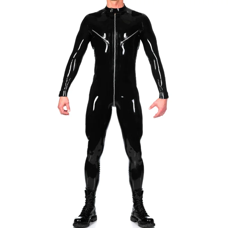 Black Sexy Latex Catsuits With Breasts Zippers Cuffs And Leg Rubber Bodysuit Zentai Overall Cat Suit