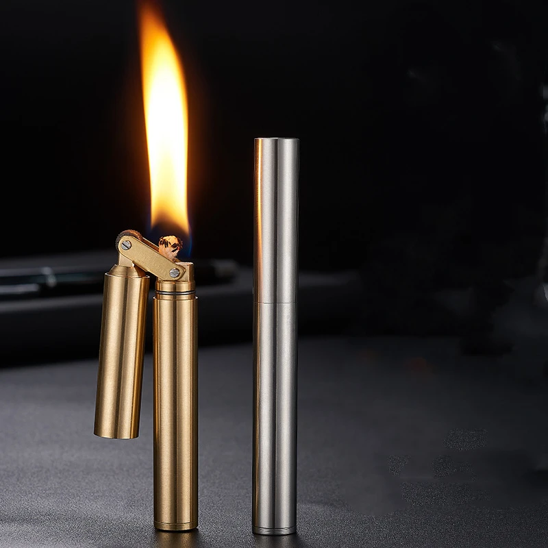 Vintage Double Stick Kerosene Lighter Vintage Pure Copper Grinding Wheel Open Fire Lighter Foldable Portable Men\'s Gift