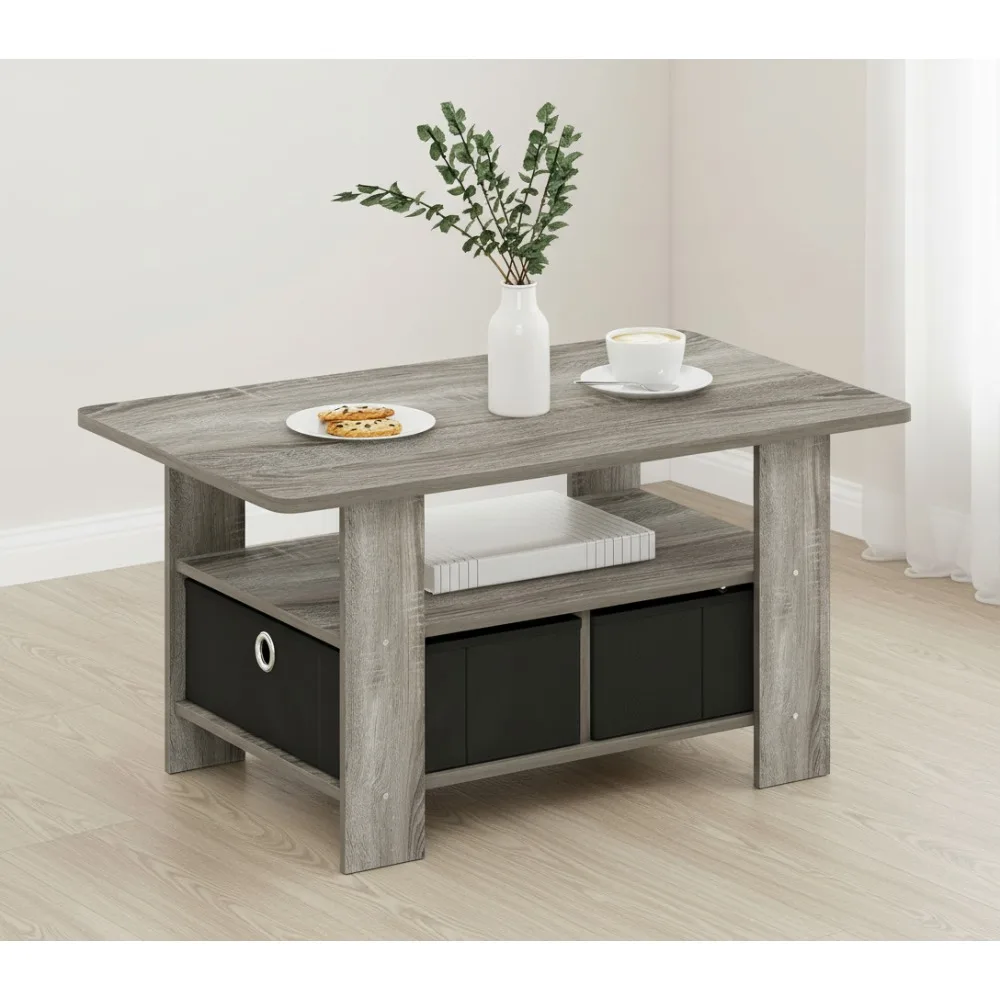 Modern Coffee Table with Storage Drawer and Shelf, French Oak Grey/Black for Living Room, Bedroom, Home Office