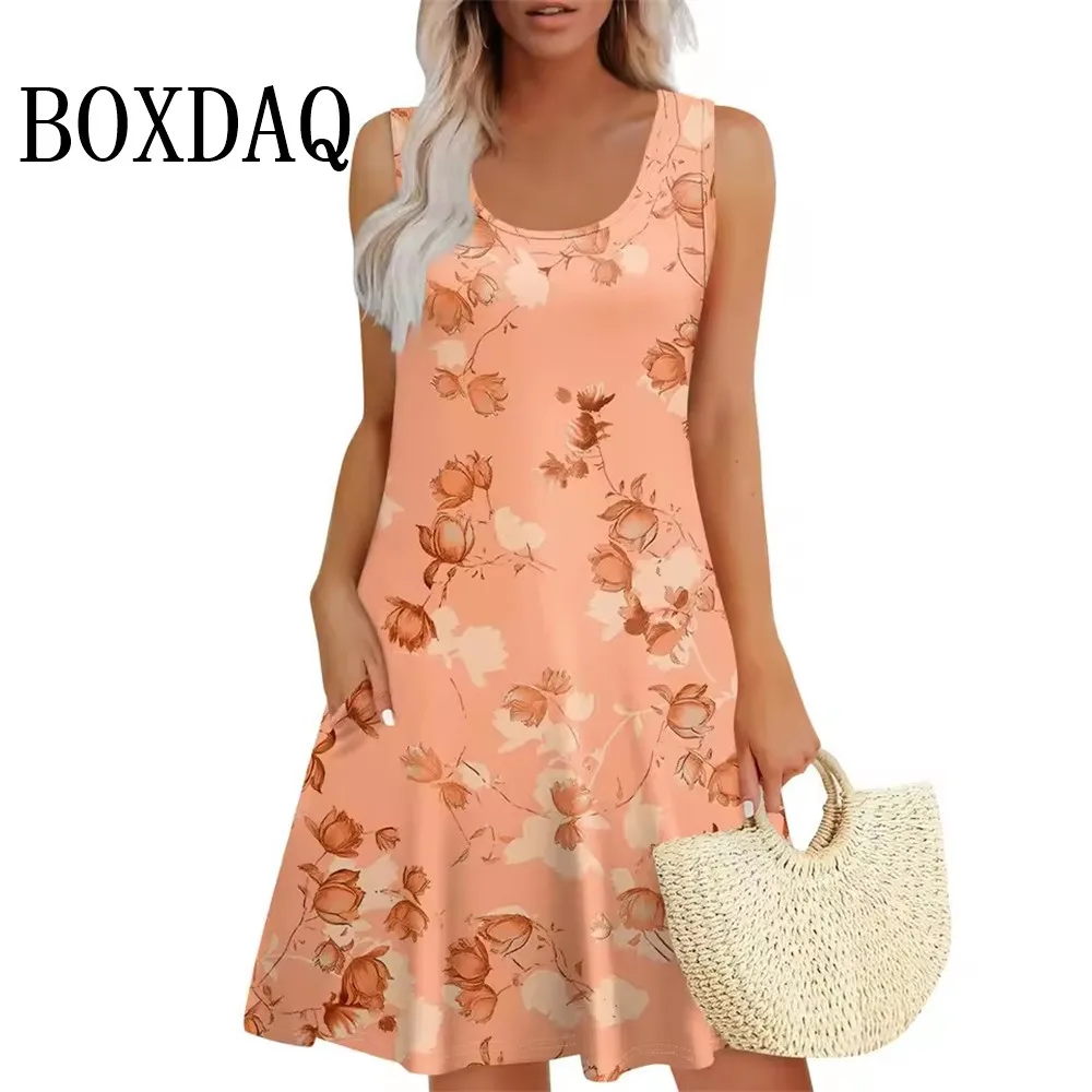 2025 New Womens Dresses Casual Summer Tank Boho Beach Short Dresses Vintage Flower 3D Printing Sleeveless Dresses Loose Sundress