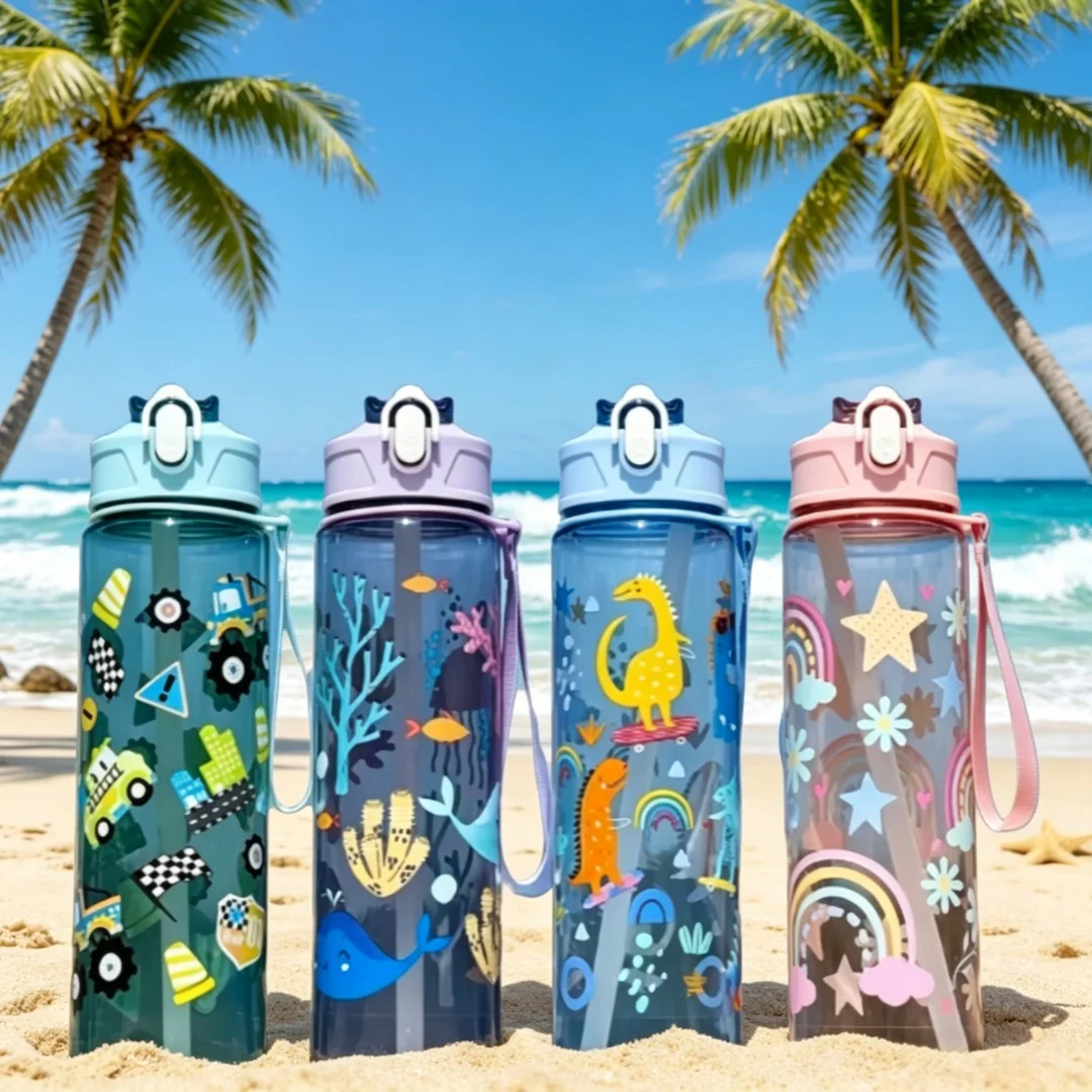 Colorful Kawaii Cartoon Pattern Kids Water Bottle, One‑Click Open Leakproof Cup Cute Gift for Boys Girls