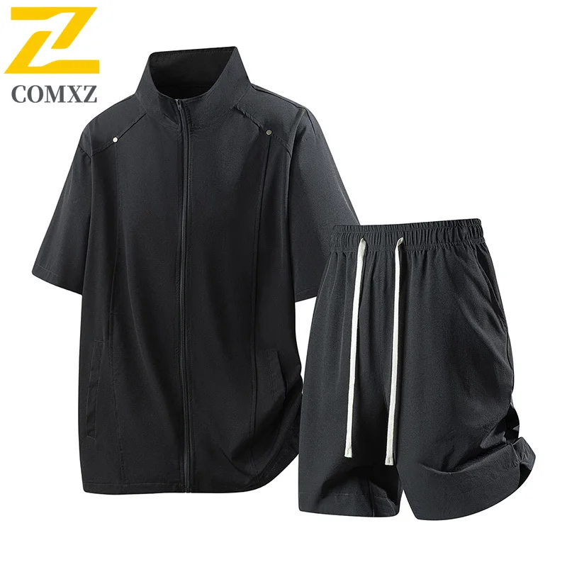 

Мужской летний комплект поло из трикотажа премиум-класса 2026: модный, дышащий, деловой повседневный стиль, с воротником-стойкой и отложным воротником, из двух предметов