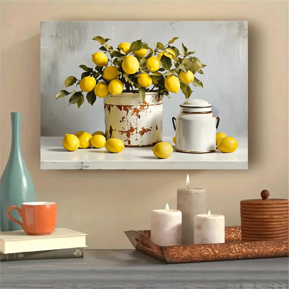 1PC-Unframed Canvas poster wall decoration  Lemon Tree Still Life Rustic Pottery Jar Vintage Decor Art Print