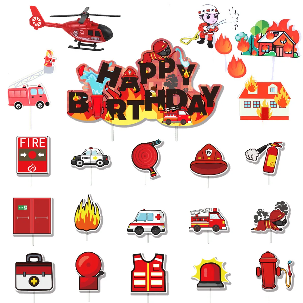 

Fireman Cake Topper Cupcake Toppers Fire Hydrant Truck Firefighter Helmet Theme for Kids Boy Girl Happy Birthday Cake Decoration