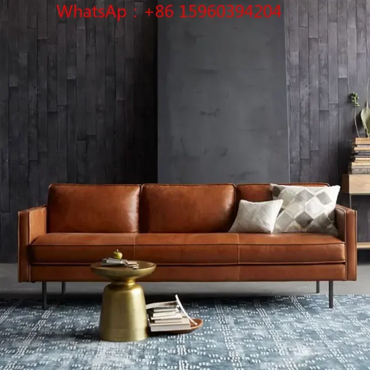 Nordic light luxury leather art three-person sofa living room simple small-apartment rental room sofa top layer cowhide